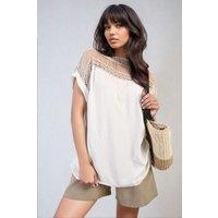 IKRUSH Women's Sylvia Lace Insert Round Neck Hollow Top in Beige
