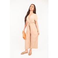 IKRUSH Women's Nerina Wrap Short Sleeve Wide Leg Jumpsuit With Tie Waist in Taupe | Size: Medium/Large