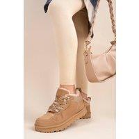 IKRUSH Women's Leiza Chunky Lace Up Faux Fur Trainers in Camel | Size: 4