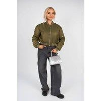 IKRUSH Women's Melina Cropped Long Sleeve Zip Up Puffer Jacket in Khaki | Size: Large