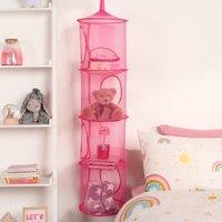 OHS 4 Tier Large Toys Storage Hanging Net Organiser Basket in Pink