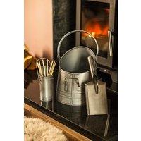 Marco Paul Fireside Accessory Set Coal Bucket Shovel Matchstick Holder Silver Kindling Log Fireplace Accessories in Metallic Silver