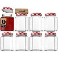 volila Hexagonal Glass Jam Jars 190ml with Airtight Red Gingham Lids in Clear | Size: 8 Pack