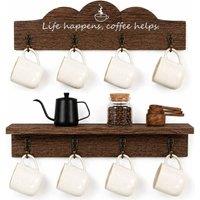 Kelvenix Brown 2pcs Wall Mounted Coffee Mug Holder with 8 Hooks