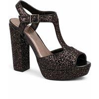 Spot On Women's Platform Glitter Block Heel Sandals with T Bar Strap in True Black | Size: 6