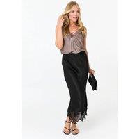 Izabel London Women's Lace Trim Satin Texture Midi Skirt in Black | Size: S/M