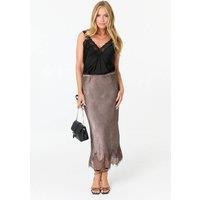 Izabel London Women's Lace Trim Satin Texture Midi Skirt in Brown | Size: S/M