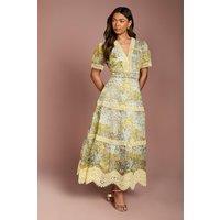 Coast Women's Lace Trim Printed Organza Midi Dress in Green | Size: 10