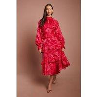 Coast Women's Satin Jacquard Long Sleeve Peplum Tiered Midi Dress in Red | Size: 10