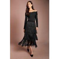 Coast Women's Fringed Tiered Midi Skirt in Black | Size: 18