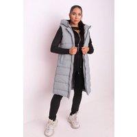 Femme Luxe Women's Sleeveless Longline Zip Up Hooded Puffer Gilet in Grey | Size: 10-12