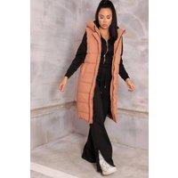 Femme Luxe Women's Sleeveless Longline Zip Up Hooded Puffer Gilet in Tan | Size: 8-10