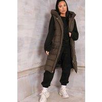 Femme Luxe Women's Sleeveless Longline Zip Up Hooded Puffer Gilet in Khaki | Size: 6-8