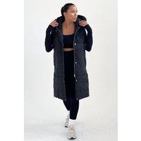 Femme Luxe Women's Sleeveless Longline Zip Up Hooded Puffer Gilet in Black | Size: 6-8