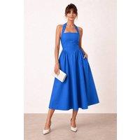 Style Cheat Women's Elsie Cotton Halter Midi fit & Flair Dress in Blue | Size: 12
