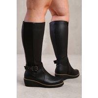 Where's That From Women's 'Ayleen' Wide Calf Wedge Heel Knee High Boots With Elastic Panel in Black | Size: 4-Wide Fit
