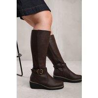 Where's That From Women's 'Ayleen' Wide Calf Wedge Heel Knee High Boots With Elastic Panel in Brown | Size: 5-Wide Fit