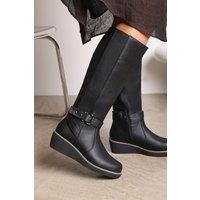 Where's That From Women's 'Regina' Faux Leather Knee High Wedge Boots With Strap & Buckle in Black | Size: 5