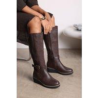 Where's That From Women's 'Regina' Wide Fit Faux Leather Knee High Wedge Boots in Brown | Size: 4-Wide Fit