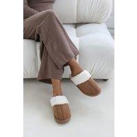 Where's That From Women's 'Xandra' Suede Mule Slippers With Cosy Faux Fur Trim in Camel | Size: 3