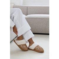Where's That From Women's 'Dione' Faux Fur Trim Mule Slipper in Camel | Size: 8