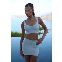 LEMONLUNAR Women's Laia Glitter Stretch Bandage Co-ord Set, Bralet, Low-Rise Mini Skirt in Silver | Size: XS