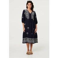 Izabel London Women's Border Print Relaxed V-Neck Midi Dress in Navy | Size: 12