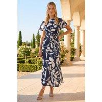 Roman Women's Floral Print Side Tie Crepe Dress in Navy | Size: 10