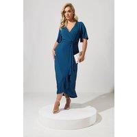 Yours Women's Sleeve Ruffle Wrap Maxi Dress in Blue | Size: 14