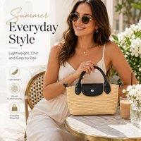 BluCore Women's Woven Straw Handbag Natural Raffia-Style Top Handle Tote