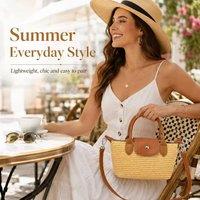 BluCore Women's Woven Straw Handbag Natural Raffia-Style Top Handle Tote in Beige