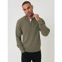 threadbare Men's Cable Knit Quarter Zip Jumper in Green | Size: 2XL
