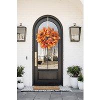 H&O Direct 50cm Fall Harvest Wreath Artificial Pumpkin & Magnolia Leaves Wreath for Door & Home Decor in Orange