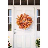 Living and Home 50cm Artificial Fall Wreath for Front Door Magnolia Leaf Wreath with Curved Pumpkin, Pine Cone, Acorn, Berry for Halloween Home Decor