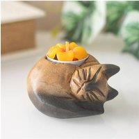 KDMD Curled Cat Tealight Holder - Handcrafted Monkey Pod Wood Decor in Brown