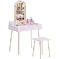 AIYAPLAY Kids Dressing Table with Stool, 3-Colour LED Lights Mirror, Drawer in Pink