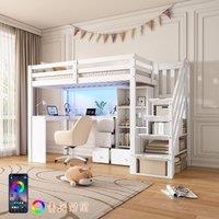 Rolipo Single Loft Bed with L-Shaped Desk, Storage Stairs & RGB LED, White | Size: Double