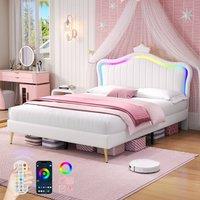 Rolipo 4ft6 Double Upholstered Bed Frame with LED Crown Headboard Cream in White
