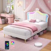 Rolipo 3ft Single Upholstered Bed Frame with LED Crown Headboard, Cream White | Size: Double