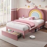 Rolipo 3ft Single Pink Velvet Rainbow Bed with Storage Drawer & Crown | Size: Double