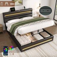 Rolipo King Size Upholstered Ottoman Bed Frame with LED & USB, Black PU | Size: Double