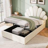 Rolipo Single 3ft Velvet Petal Upholstered Bed with Hydraulic Storage, Beige | Size: Double