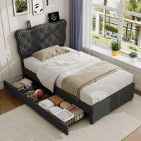 Rolipo Single 3ft Upholstered Bed Frame with Storage Drawers & USB Ports Grey | Size: Double