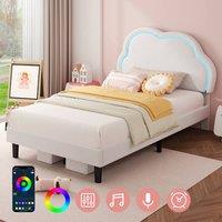 Rolipo 3ft Single Velvet Bed Frame with Adjustable Cloud Headboard & RGB LED in White | Size: Double