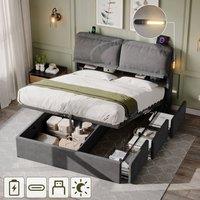 Rolipo Grey Velvet King Size Bed with Hydraulic Storage, LED & USB Ports | Size: Double