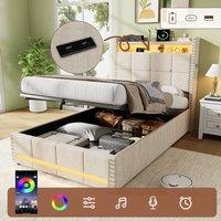 Rolipo 3ft Single Upholstered Ottoman Bed with LED Lights & USB Ports Beige | Size: Double