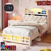 Rolipo 3ft Single Velvet Upholstered Bed Frame with LED & Storage Beige | Size: Double