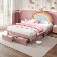 Rolipo Pink Velvet Double Bed Frame with Storage Drawers & Rainbow Headboard