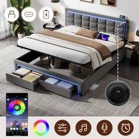 Rolipo Grey Velvet Double Upholstered Bed with Storage, LED & USB
