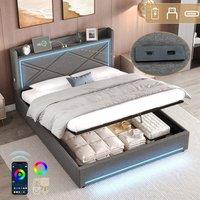 Rolipo King Size Upholstered Ottoman Bed with LED Lights & USB Ports, Grey | Size: Double